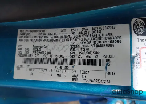 2012 Ford Fiesta Se из США, поврежденный, VIN 3FADP4BJXCM158069